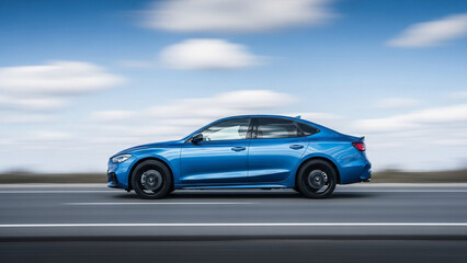 Sleek blue sedan speeds along a paved highway under a bright sky with fluffy clouds, showcasing modern automotive design.