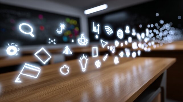 Icons of science and technology in modern classroom setting