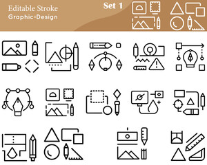 A graphic design icon set includes vector illustrations of design tools and elements such as pens, color palettes, layers, typography, grids, software interfaces, and creative symbols.