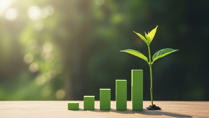 A seedling emerges next to a green graph, symbolizing growth and financial success in a natural, blurred outdoor setting.