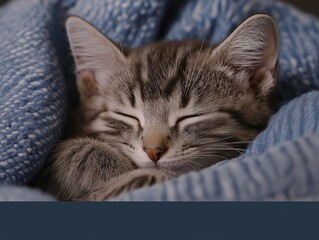 Cat sleeps curled up in a cozy knitted blanket, warm and peaceful indoor scene.