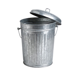 Classic galvanized metal trash can with lid open isolated on black background