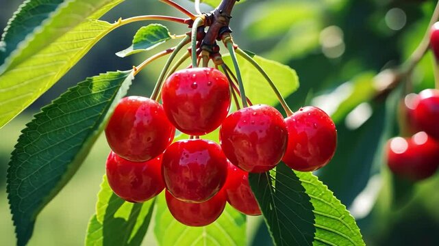 Fresh red cherries on branch with green leaves, a summer fruit harvest.