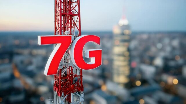 Innovative 7g technology tower overlooking urban skyline in motion