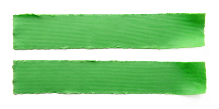 Two pieces of ripped green paper tape, isolated on transparent background