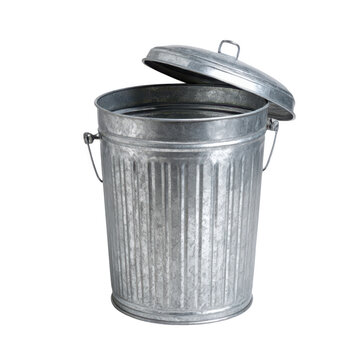 Classic galvanized metal trash can with lid open isolated on black background