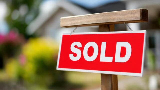 Sold sign transition in front of new home in vibrant neighborhood