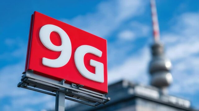 9g network technology evolution sign against urban skyline with dynamic blue sky