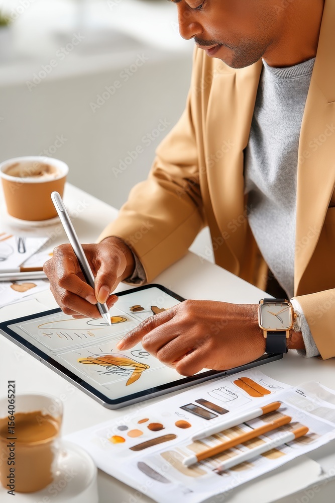 Aufkleber man sketching designs on tablet using stylus in creative workspace