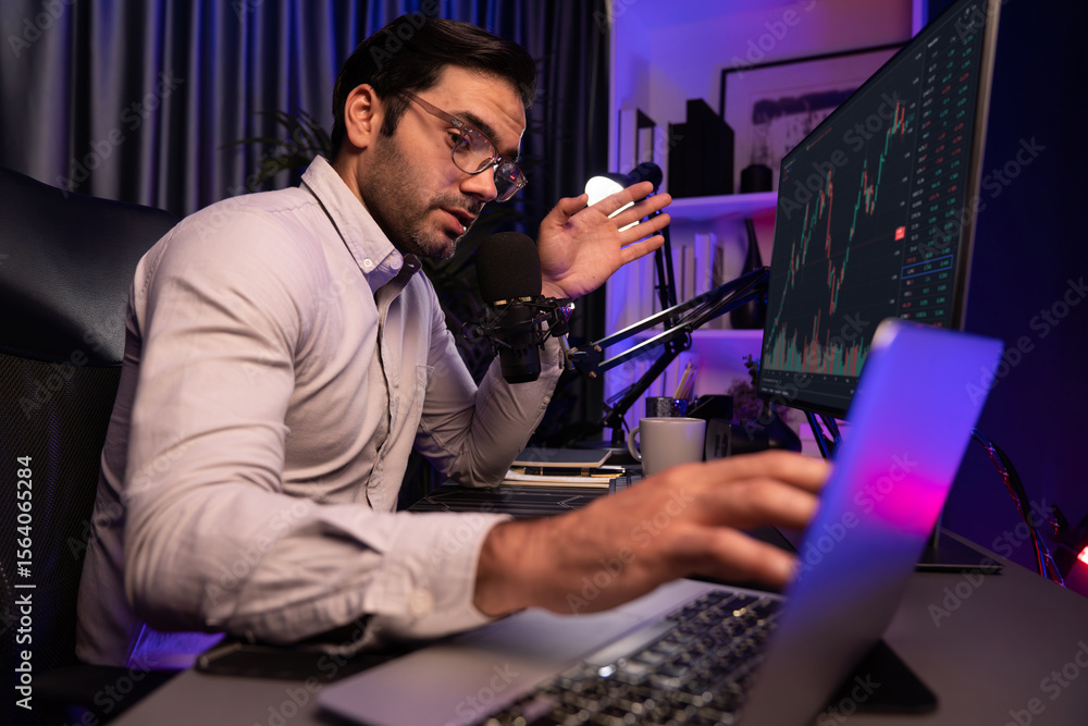 Poster smart trader businessman concentrating on dynamic stock exchange investment on pc and laptop showing