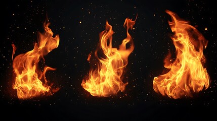 Fototapeta premium Three fiery flames dancing against a dark backdrop with floating embers symbolizing heat and intensity