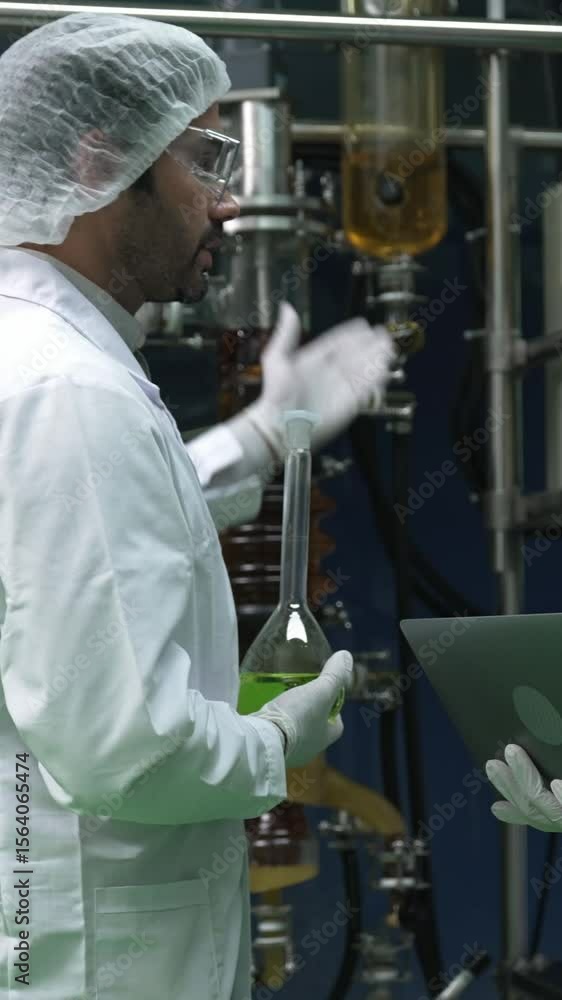 Poster two scientist in professional uniform working in curative laboratory for chemical and biomedical exp