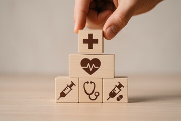 Healthcare Blocks and Hand: A person's hand carefully places a healthcare symbol block on a stack representing health, wellbeing, and medical care.