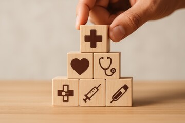 Wellness Symbol Stack: A person's hand carefully places a wooden block with health symbol on a stack of blocks. Symbolizing healthcare, well-being, and the path to a healthier future.