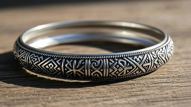 Close-up of ornate silver bangle with intricate pattern detail on wood surface; jewelry, accessory, design, detail, bangle, silver, pattern.