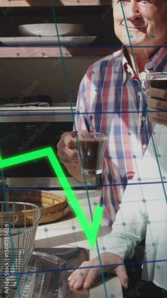 Poster animation of multiple graphs and grid pattern over senior caucasian couple enjoying coffee