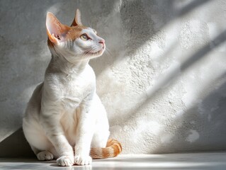 Cornish Rex cat sits by concrete wall in warm sunlight, showcasing sleek fur and elegant posture.