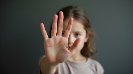 A little girl with a serious face making a stopping gesture with her hand, “stop” palm forward on a dark background with space for text. Close-up, dramatic lighting.