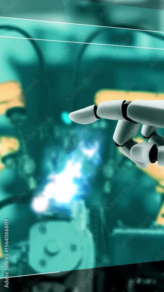 Poster cybernated industry robot and robotic arms for assembly in factory production . concept of artificia
