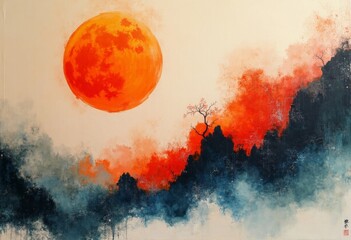 The ink painting artistic conception of the red moon landscape
