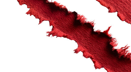 FROSTED WHITE paper, torn strips of textured bright red felt with frayed edges on a white background.