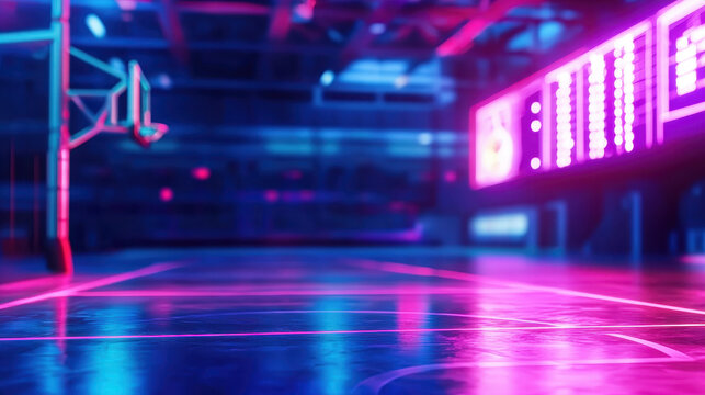 Vibrant basketball court illuminated by neon lights creates futuristic atmosphere, showcasing unique sports concept