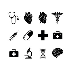Medical and Healthcare Icon Set Featuring Heart Anatomy DNA Stethoscope First Aid Brain and Microscope