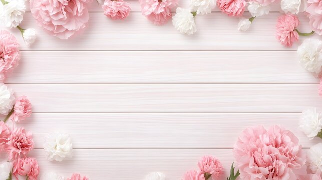 Delicate Pink Flowers Frame on White Wooden Background