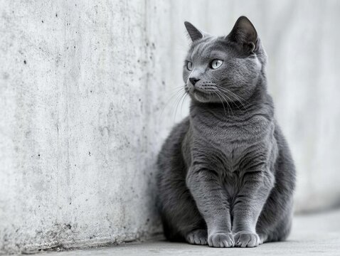 Russian Blue cat sits gracefully near textured concrete wall, natural light highlights sleek fur.