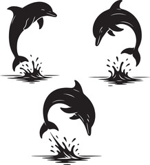 Black and White Silhouette of Leaping Dolphin  with Water Splashes and Motion Arcs, flips, spins, and arcs 