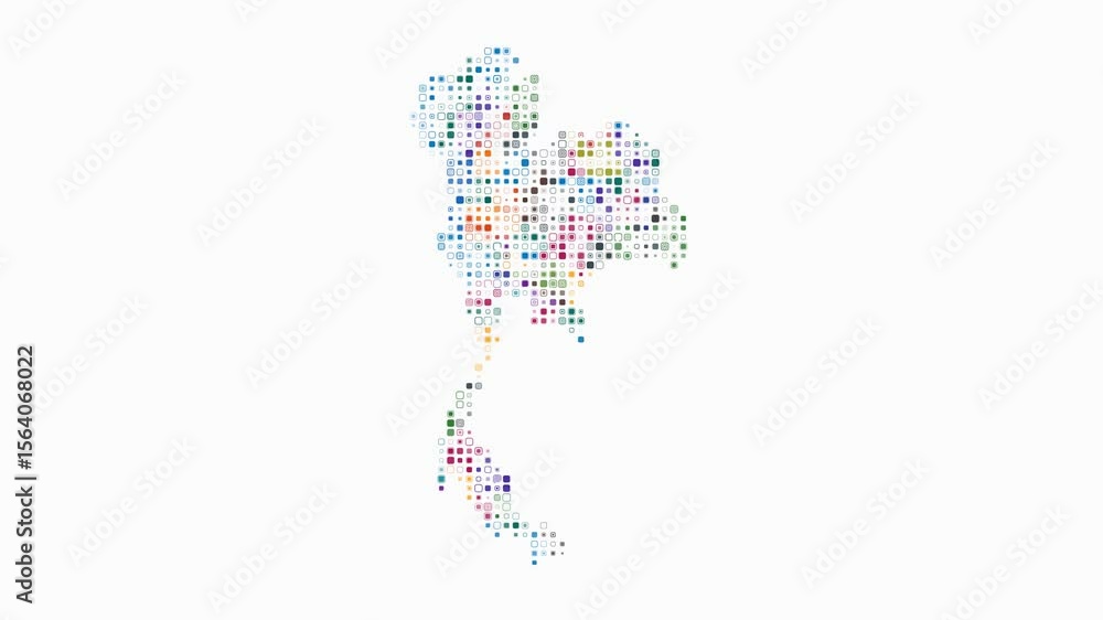 Poster thailand dotted animation. shape of the country build of pulsating colored dots. small size rounded 
