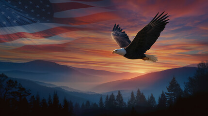 Obraz premium Bald Eagle Flying Over Mountains at Sunset with American Flag Overlay – Patriotic Independence Day