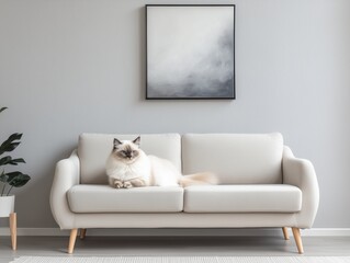 Fluffy white cat relaxing in a cozy stylish home interior with soft natural light and warm tones.