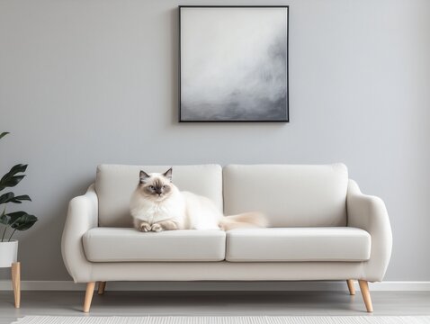 Fluffy white cat relaxing in a cozy stylish home interior with soft natural light and warm tones.
