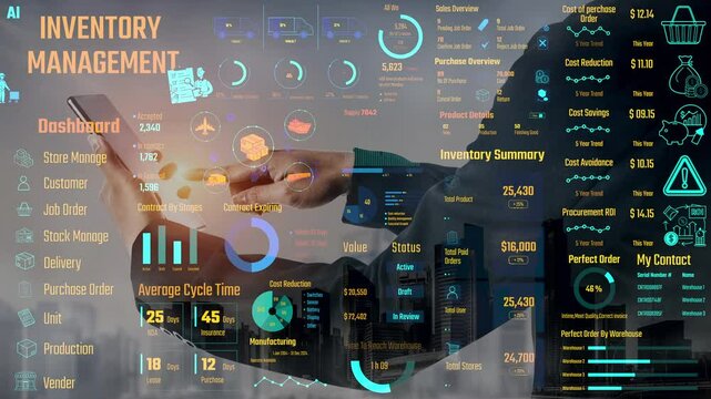 Inventory management dashboard showing supply chain performance, stock levels, order cycle times, cost reduction, and procurement ROI. Inventory tracking, and streamline warehouse efficiency. Thunk