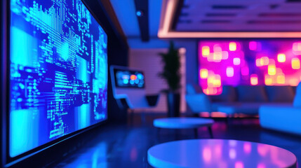 Futuristic event hall featuring ambient lighting and digital displays creates vibrant atmosphere for gatherings