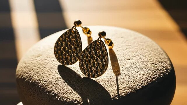 Elegant golden drop earrings. Gold jewelry fashion accessory on stone in sunlight. Luxury earrings.