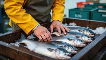 Workers sorting freshly caught salmon on a wooden dock at dawn