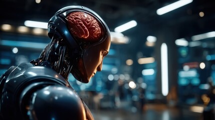 A humanoid robot with an exposed brain in a futuristic setting, highlighting advanced technology with neon accents, suitable for technology and innovation themes.