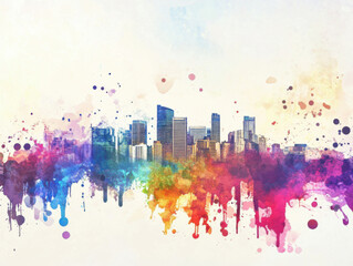 Fototapeta premium Colorful watercolor city skyline with modern skyscrapers, abstract urban landscape, creative splash art illustration, vibrant cityscape background for design, architecture, and travel concepts.