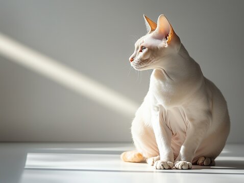Chubby Sphynx cat sits in warm sunlight on the floor, basking in soft natural light.