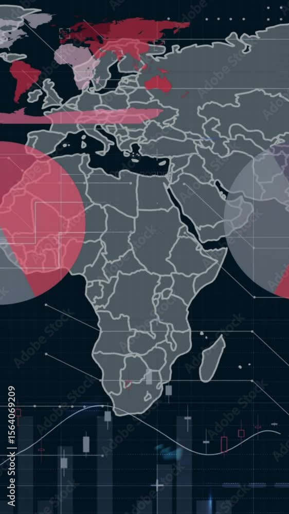 Poster animation of financial data processing over world map on black background