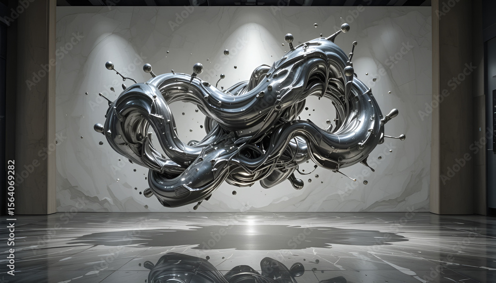 Aufkleber fluid forms of dynamic sculpture in polished silver appear to defy gravity in a modern art gallery s