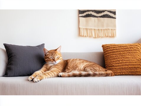 American Bobtail cat rests on a light sofa in a minimalist interior with soft natural lighting.