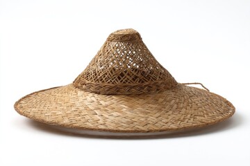 A wide-brimmed, conical straw hat with a woven crown and a chinstrap, displayed on a white background