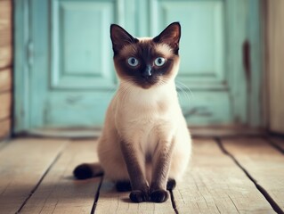 Balinese cat with silky fur sits gracefully on a wooden floor, calm and elegant in soft light.