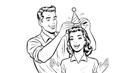 "Man putting birthday hat on woman's head — 1950s comic style, cheerful retro couple, black and white line drawing, fun celebration scene, emotional moment, no color"generative ai