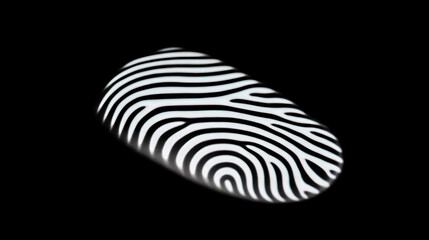 Dynamic abstract pattern resembling a human fingerprint or animal stripe, rendered in high contrast black and white, symbolizing identity and individuality on a dark ground.