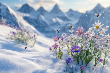 Flowers growing in warm pockets within snow-covered ground