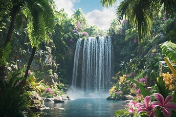 Icy waterfall framed by blooming tropical orchid flowers
